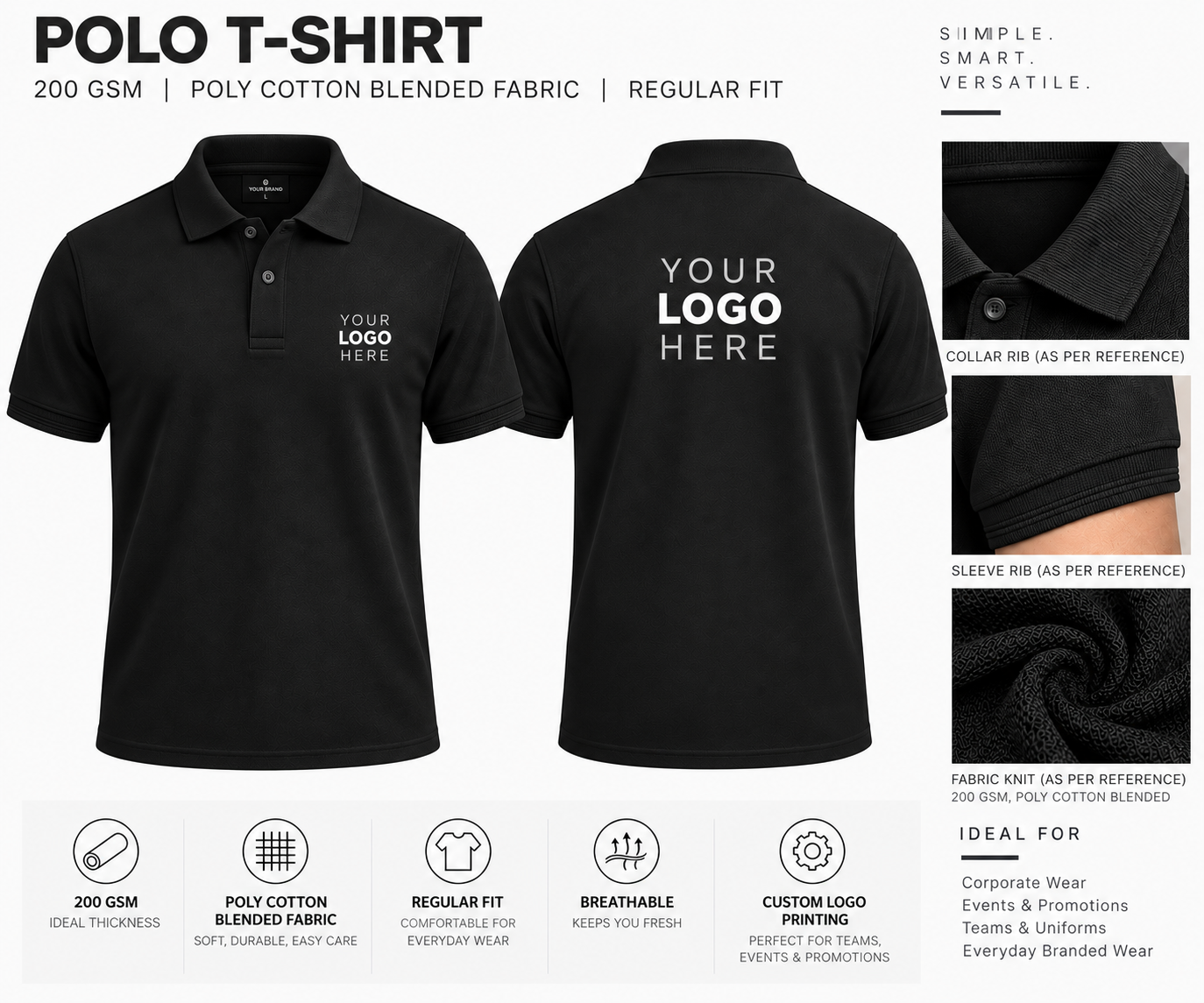 Custom branded polo T-shirt designed for corporate uniforms, company staff, promotional campaigns, events, sports teams, workwear, and professional everyday use. Ideal for businesses looking to create a consistent, stylish, and recognizable brand identity through customized apparel.