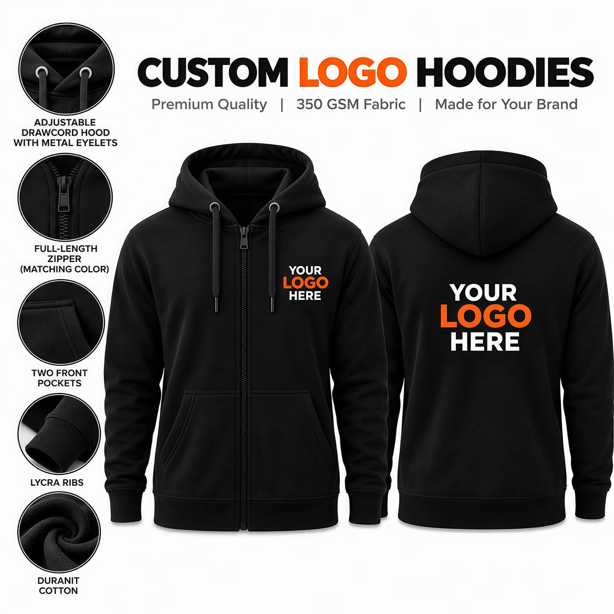 Custom logo printed black zipper hoodie – front and back view featuring 350 GSM Duranit cotton, YKK zip, adjustable hood and two front pockets.