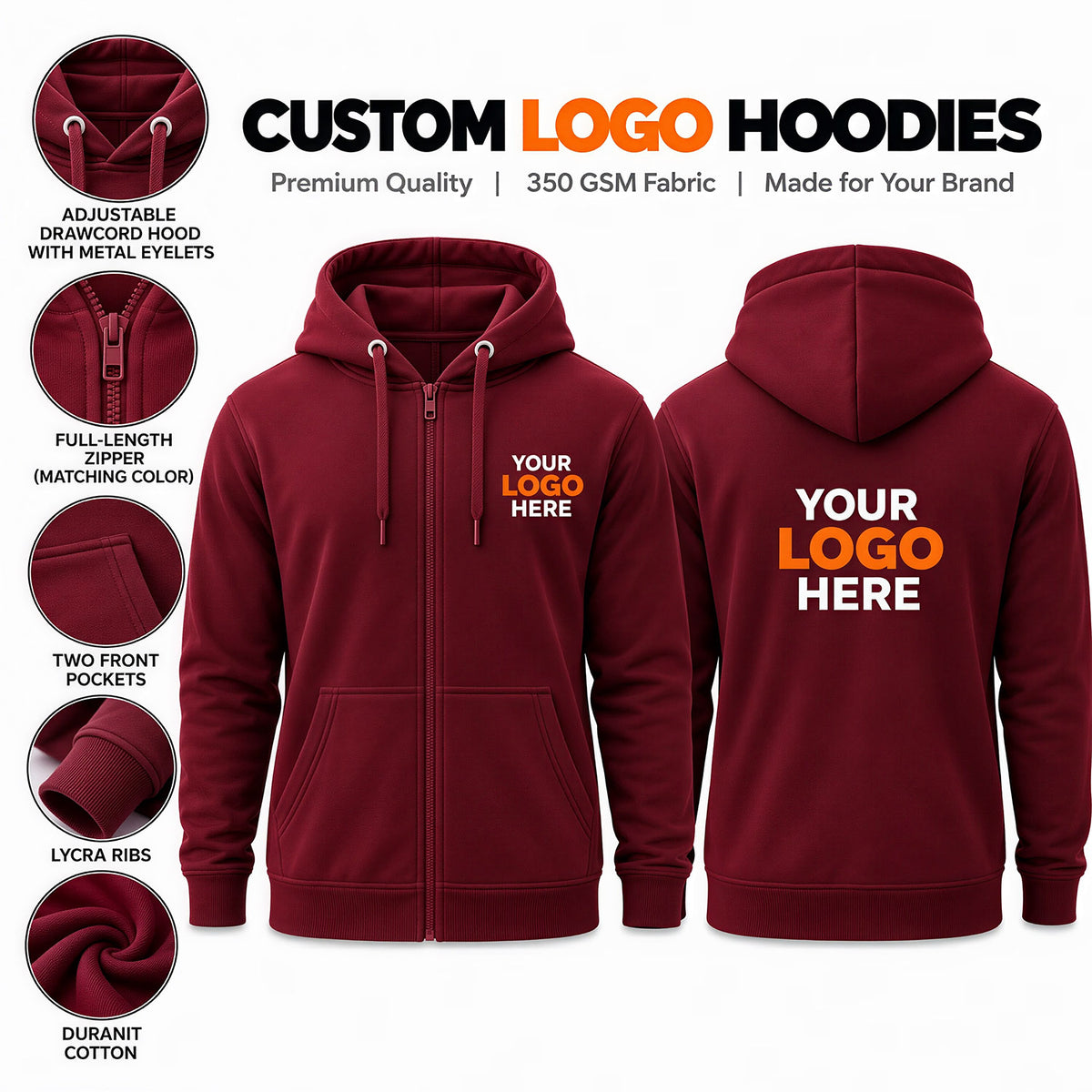 Custom logo printed maroon zipper hoodie – 350 GSM Duranit cotton hoodie with full-length YKK zip for corporate branding and team apparel.