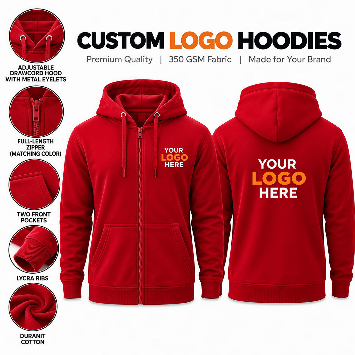 Custom logo printed red zipper hoodie – premium cotton hoodie with custom front and back logo printing, adjustable drawcord hood and YKK zipper.