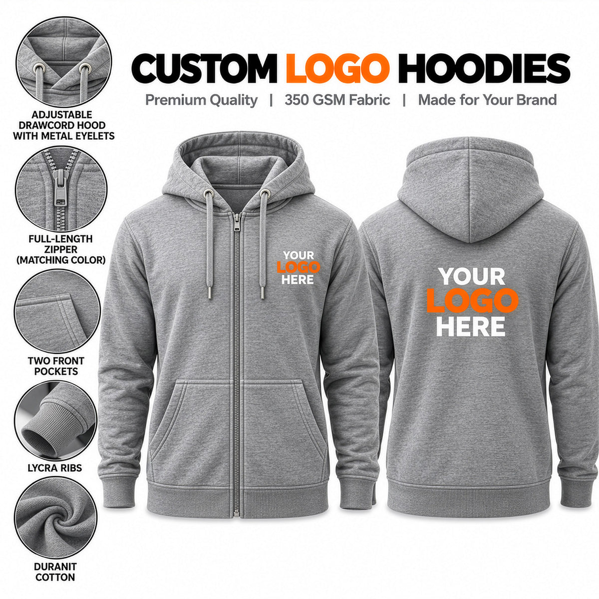 Custom logo printed light grey zipper hoodie – premium 350 GSM cotton hoodie with YKK zip, ideal for corporate merchandise, team uniforms and promotional branding.