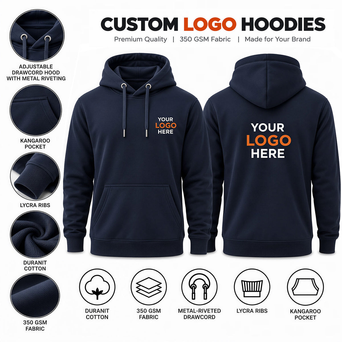 Custom logo printed navy blue hoodie without zip – premium cotton hoodie for corporate merchandise and branded apparel.