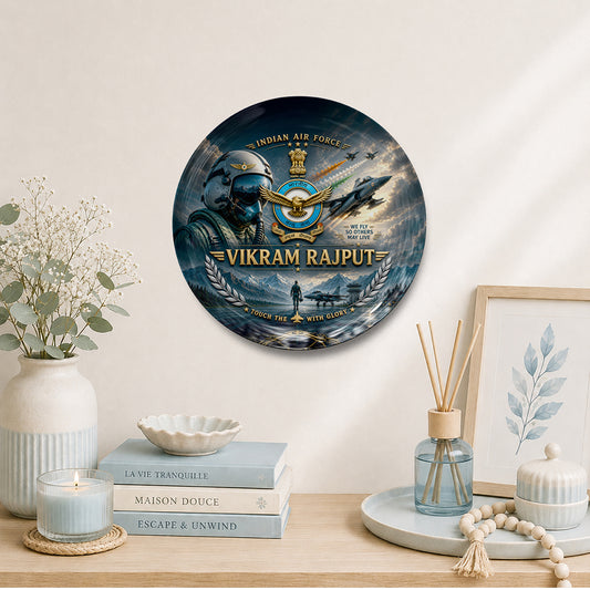 Personalized Indian Air Force pilot decorative display plate with custom name design and stand, military souvenir gift plate for pilots, defence gifting, commemorative keepsake, and display décor