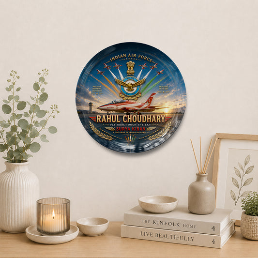 Personalized Surya Kiran Indian Air Force decorative display plate with custom name design and stand, military souvenir gift plate for pilots, defence gifting, commemorative keepsake, and display décor