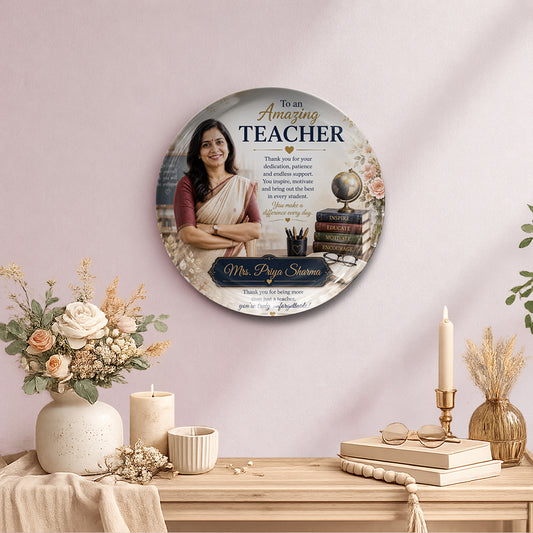 Personalized teacher appreciation decorative display ceramic plate with custom name design and stand, unique gift for teachers, mentors, educators, farewell gifts, and commemorative keepsake display décor