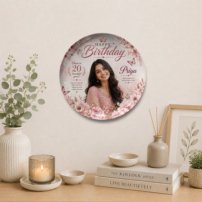 Custom ceramic wall plate for birthday gifts featuring personalized photo printing, premium ceramic plate printing, decorative custom wall plate styling, birthday souvenir gift, memorable memento keepsake, and elegant ceramic wall decor for home decoration