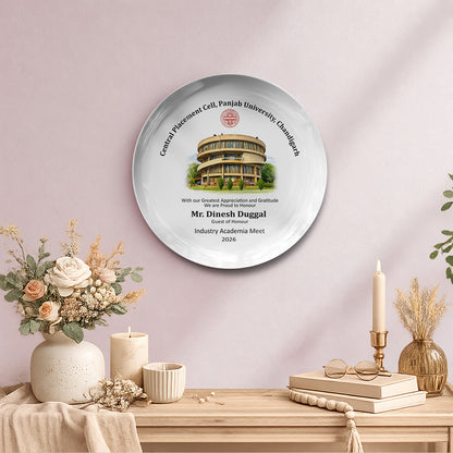 Custom ceramic wall plate for corporate appreciation and university events featuring personalized printing, premium ceramic plate printing, decorative custom wall plate styling, guest honor souvenir gift, appreciation memento keepsake, and elegant ceramic wall decor for ceremonies and recognition functions