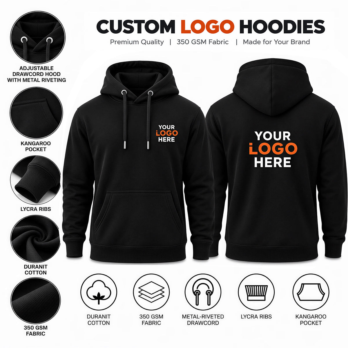 Custom logo printed black pullover hoodie without zip – front and back view with 350 GSM Duranit cotton fabric features.