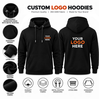 Custom logo printed black pullover hoodie without zip – front and back view with 350 GSM Duranit cotton fabric features.