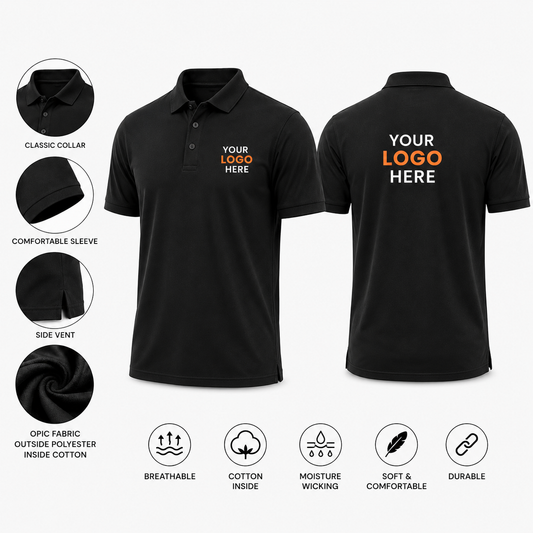Black custom polo T-shirt with logo printing, premium OPIC fabric, breathable corporate team wear for uniforms, events and branding