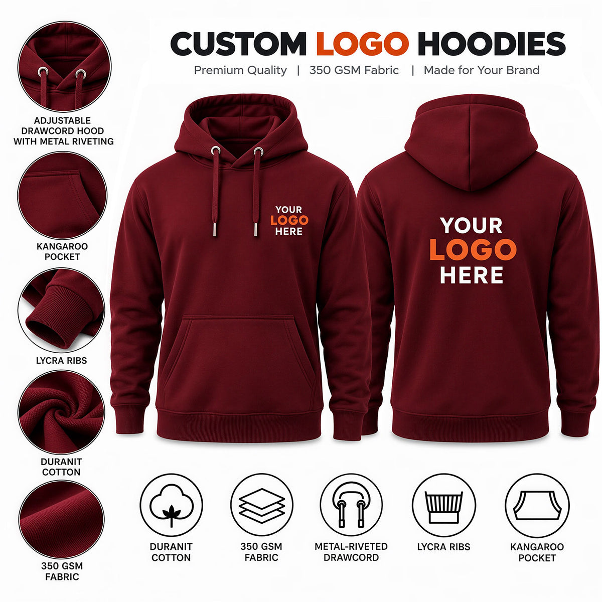 Custom logo printed maroon hoodie without zip – premium 350 GSM cotton pullover with front and back branding.
