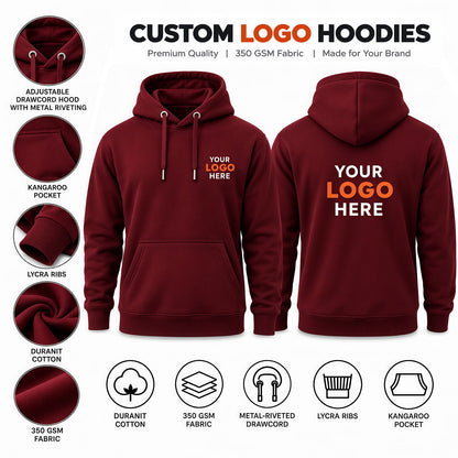 Custom logo printed maroon hoodie without zip – premium 350 GSM cotton pullover with front and back branding.