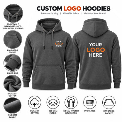 Custom logo printed dark grey hoodie without zip – premium branded pullover featuring a kangaroo pocket and adjustable drawcord hood.