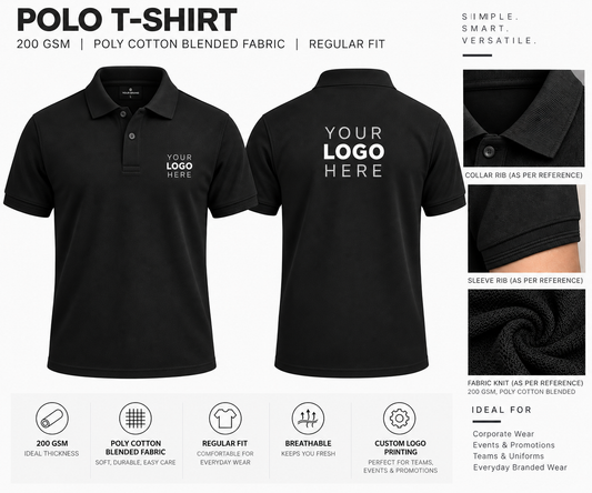 Custom branded polo T-shirt designed for corporate uniforms, company staff, promotional campaigns, events, sports teams, workwear, and professional everyday use. Ideal for businesses looking to create a consistent, stylish, and recognizable brand identity through customized apparel.