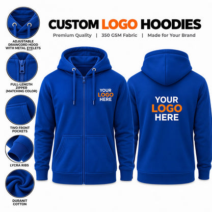 Custom logo printed royal blue zipper hoodie – premium 350 GSM cotton hoodie with YKK zipper and front and back logo printing.