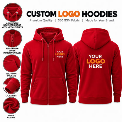 Custom logo printed red zipper hoodie – premium cotton hoodie with custom front and back logo printing, adjustable drawcord hood and YKK zipper.