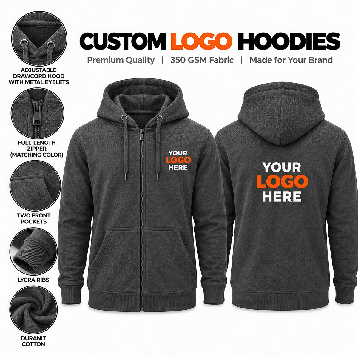 Custom logo printed charcoal grey zipper hoodie – premium 350 GSM Duranit cotton with YKK zipper and custom logo printing on the front and back.