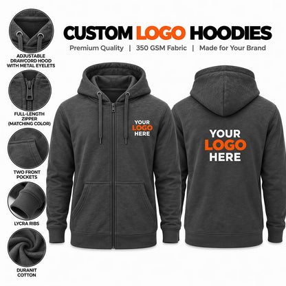 Custom logo printed charcoal grey zipper hoodie – premium 350 GSM Duranit cotton with YKK zipper and custom logo printing on the front and back.