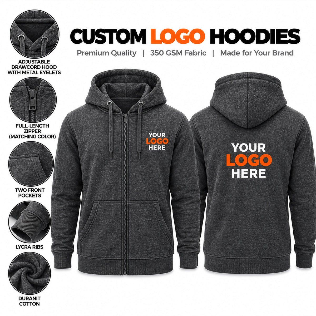 Custom logo printed dark grey zipper hoodie – branded full-zip cotton hoodie featuring an adjustable hood, two front pockets and Lycra ribbed cuffs.