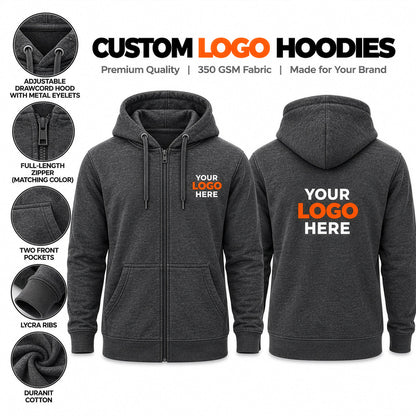 Custom logo printed dark grey zipper hoodie – branded full-zip cotton hoodie featuring an adjustable hood, two front pockets and Lycra ribbed cuffs.