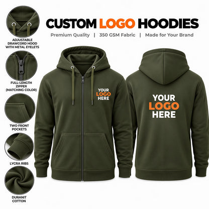 Custom logo printed olive green zipper hoodie – 350 GSM cotton hoodie with YKK zip, front pockets and custom brand logo