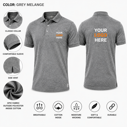 Grey melange custom polo T-shirt with personalized logo print, premium breathable fabric for office uniforms and promotional branding