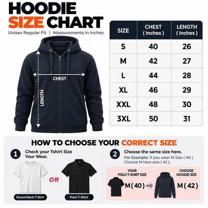 Custom logo hoodie size chart – measurements for chest, length and sleeve to help choose the right size for custom printed pullover hoodies.