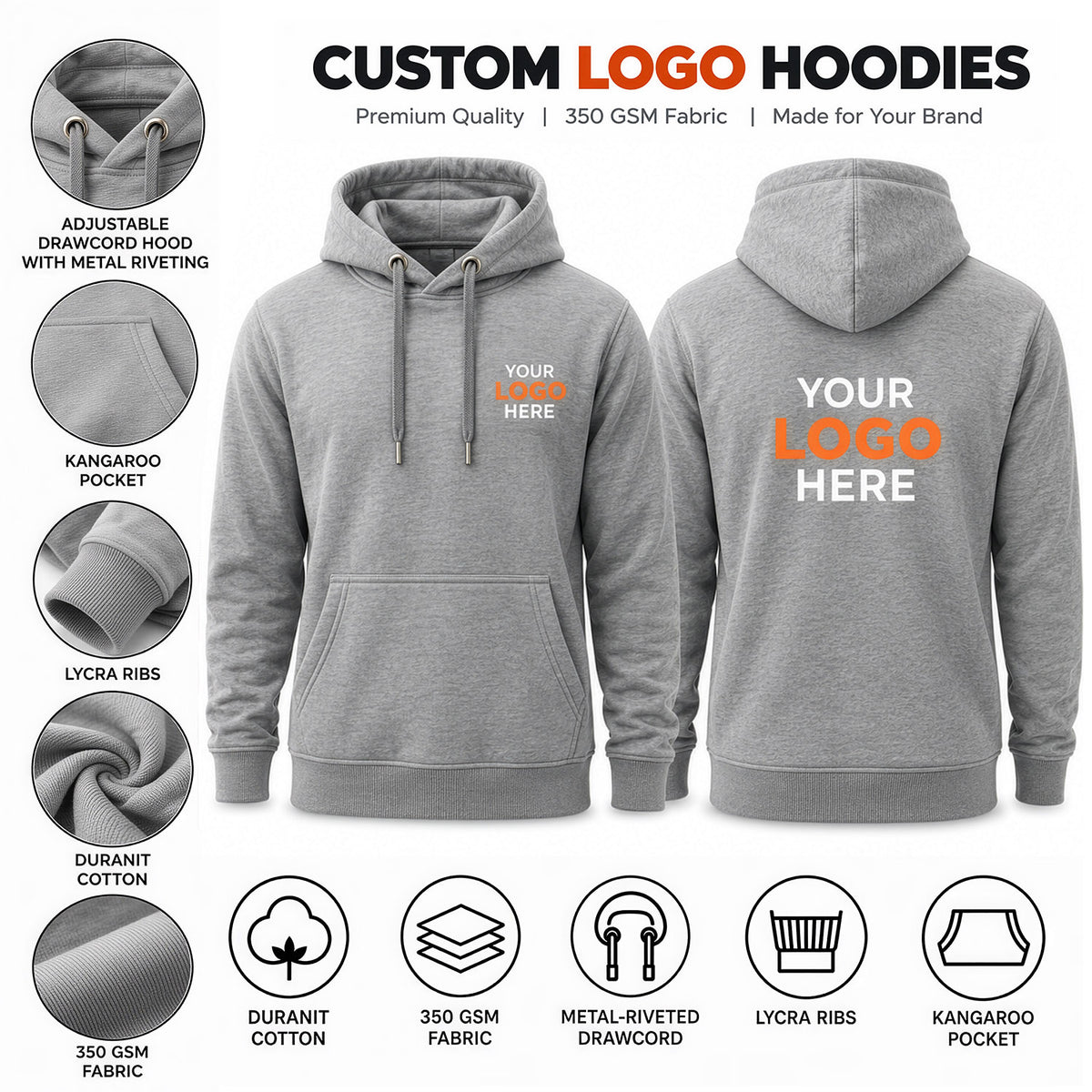 Custom logo printed light grey hoodie without zip – 350 GSM cotton pullover with custom front and back logo printing.