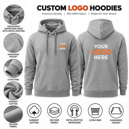 Custom logo printed light grey hoodie without zip – 350 GSM cotton pullover with custom front and back logo printing.