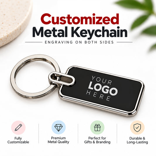 Customized metal keychain with engraving on both sides, personalized logo , premium metal gift for corporate branding, promotional gifts.