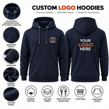 Custom logo printed navy blue hoodie without zip – premium cotton hoodie for corporate merchandise and branded apparel.