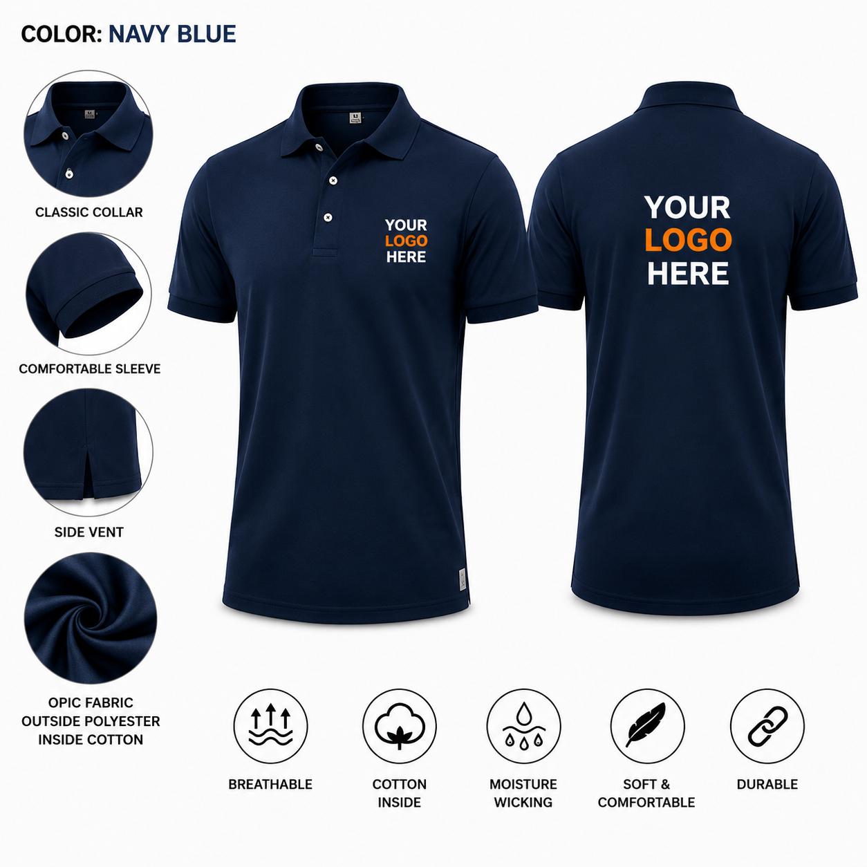 Navy blue custom polo T-shirt with logo printing, premium cotton rich OPIC fabric for corporate uniforms, staff wear and events