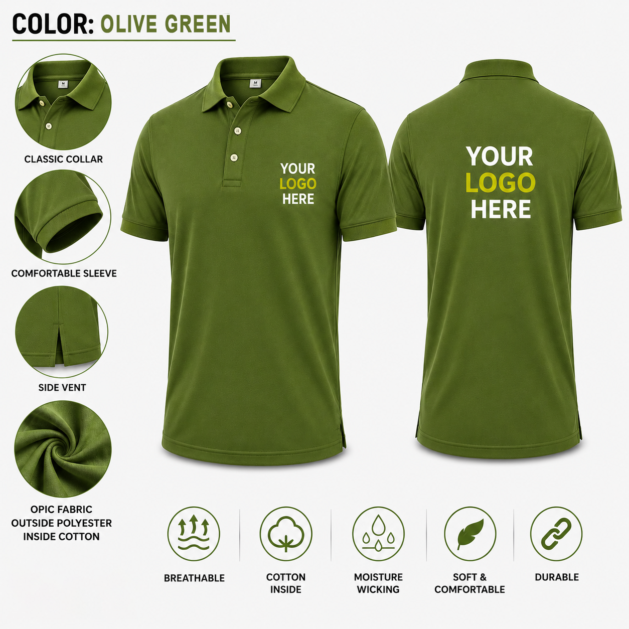 Olive green custom polo T-shirt with personalized logo printing, premium cotton rich fabric for uniforms, events and staff wear