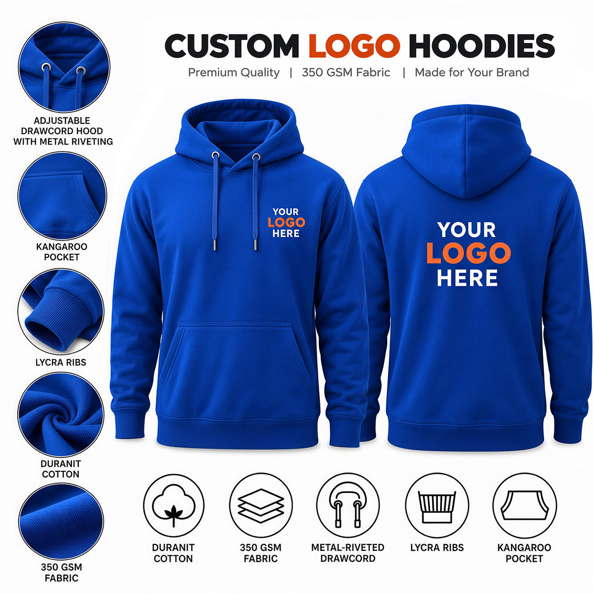 Custom logo printed royal blue hoodie without zip – 350 GSM pullover sweatshirt for team uniforms, business branding and promotional events.