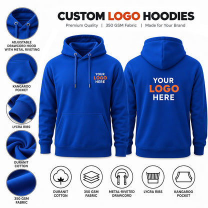 Custom logo printed royal blue hoodie without zip – 350 GSM pullover sweatshirt for team uniforms, business branding and promotional events.