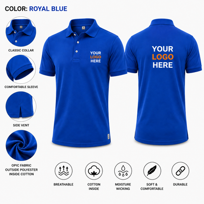 Royal blue custom polo T-shirt with logo print, breathable premium fabric for corporate branding, uniforms and promotional use