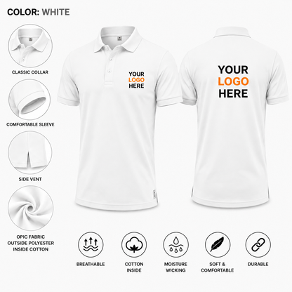 White custom polo T-shirt with personalized logo printing, premium OPIC fabric for corporate uniforms and team wear