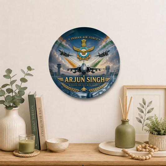 Personalized Indian Air Force decorative display plate with custom name design and stand, military souvenir gift plate for defence gifting, commemorative keepsake, and display décor