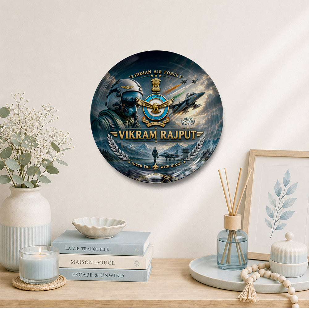 Personalized Indian Air Force pilot decorative display plate with custom name design and stand, military souvenir gift plate for pilots, defence gifting, commemorative keepsake, and display décor