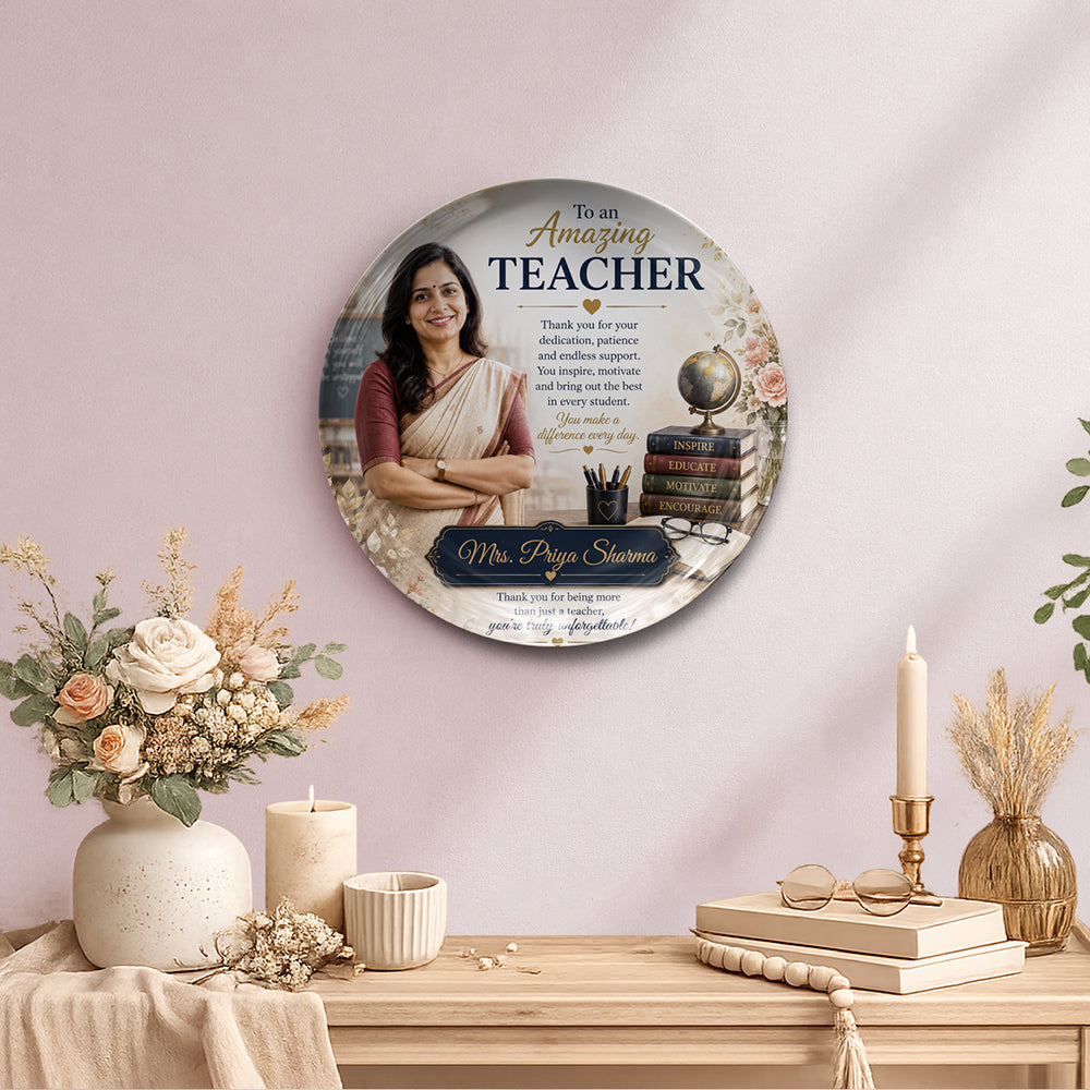 Personalized teacher appreciation decorative display ceramic plate with custom name design and stand, unique gift for teachers, mentors, educators, farewell gifts, and commemorative keepsake display décor
