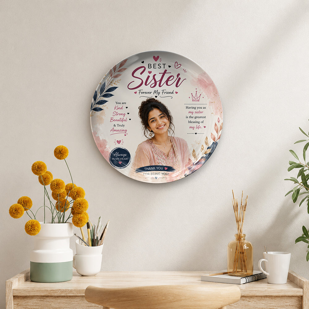 Personalized sister photo ceramic wall plate with custom photo and name printing, premium ceramic plate printing, glossy custom wall plate finish, decorative ceramic wall decor, sister appreciation memento, souvenir keepsake, Raksha Bandhan gift, birthday surprise, and elegant home décor display