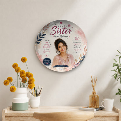 Personalized sister photo ceramic wall plate with custom photo and name printing, premium ceramic plate printing, glossy custom wall plate finish, decorative ceramic wall decor, sister appreciation memento, souvenir keepsake, Raksha Bandhan gift, birthday surprise, and elegant home décor display