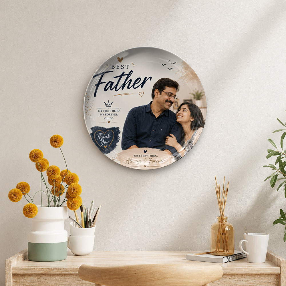 Custom ceramic wall plate for Father’s Day gifts featuring personalized photo printing, premium ceramic plate printing, decorative custom wall plate styling, father souvenir gift, appreciation memento keepsake, and elegant ceramic wall decor for home decoration