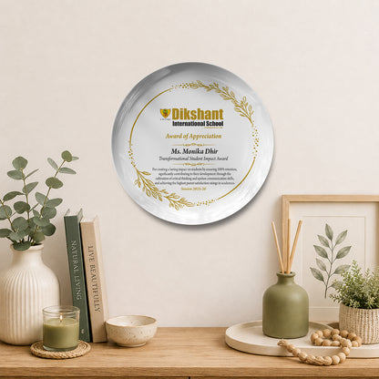 Custom ceramic wall plate for corporate and school appreciation awards featuring personalized printing, premium ceramic plate printing, decorative custom wall plate styling, appreciation souvenir gift, achievement memento keepsake, and elegant ceramic wall decor for ceremonies and recognition events