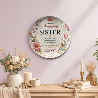 Custom ceramic wall plate for personalized wall decor featuring premium ceramic plate printing, floral sister gift design, decorative custom wall plate styling, and elegant ceramic wall decor setup