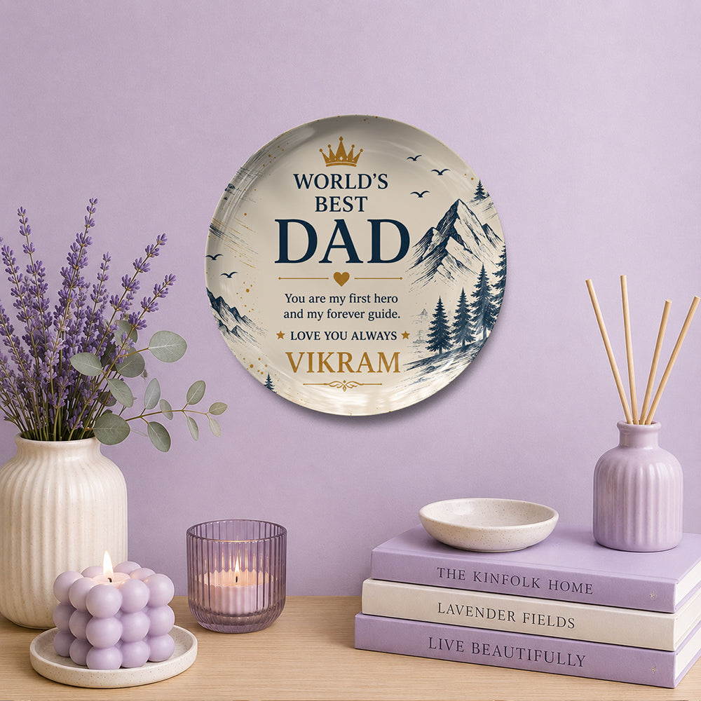 Custom ceramic wall plate for dad featuring personalized printing, premium ceramic plate printing, decorative wall decor styling, Father’s Day souvenir gift, custom wall plate memento, and elegant ceramic home décor display