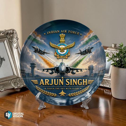 Personalized Indian Air Force decorative display plate with custom name design and stand, military souvenir gift plate for defence gifting, commemorative keepsake, and display décor