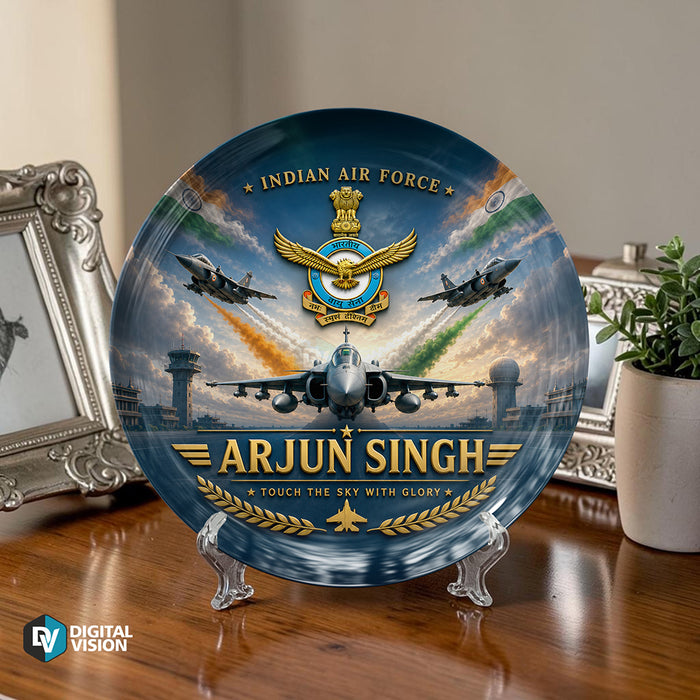 Personalized Indian Air Force decorative display plate with custom name design and stand, military souvenir gift plate for defence gifting, commemorative keepsake, and display décor
