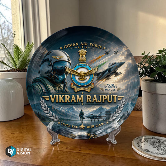 Personalized Indian Air Force pilot decorative display plate with custom name design and stand, military souvenir gift plate for pilots, defence gifting, commemorative keepsake, and display décor