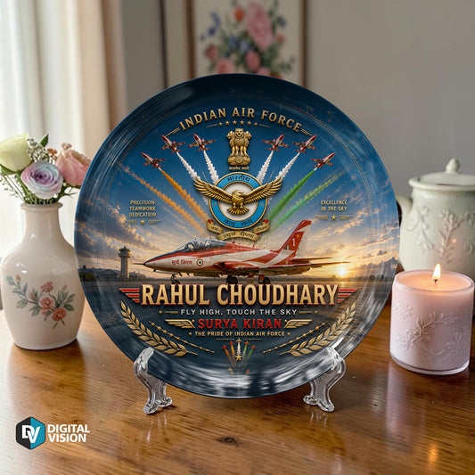 Personalized Surya Kiran Indian Air Force decorative display plate with custom name design and stand, military souvenir gift plate for pilots, defence gifting, commemorative keepsake, and display décor